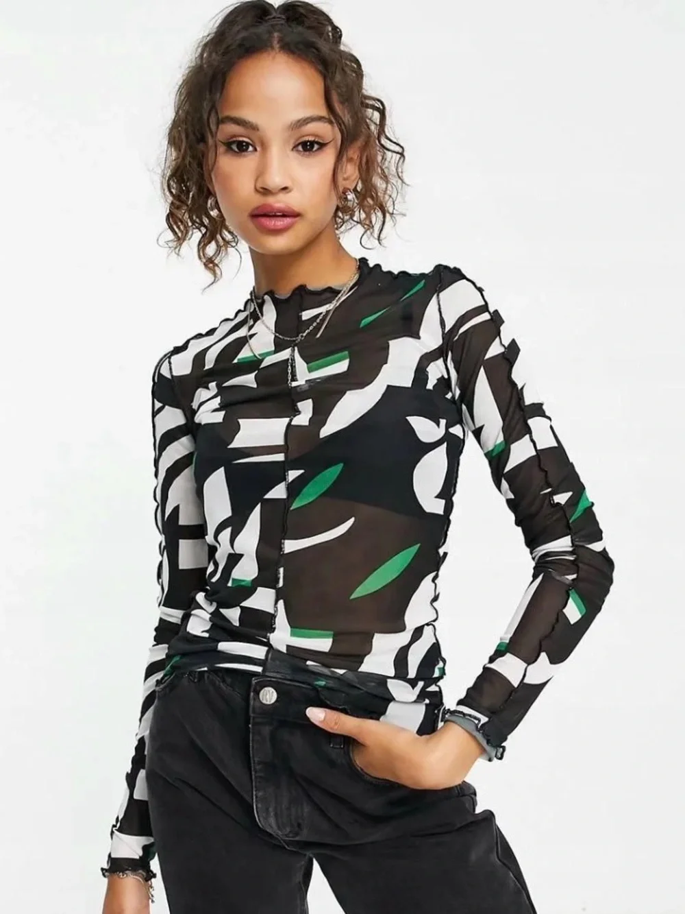 Monki Abstract Print Mesh Long Sleeve Shirt Women’s Size XS-S - Picture 1 of 10